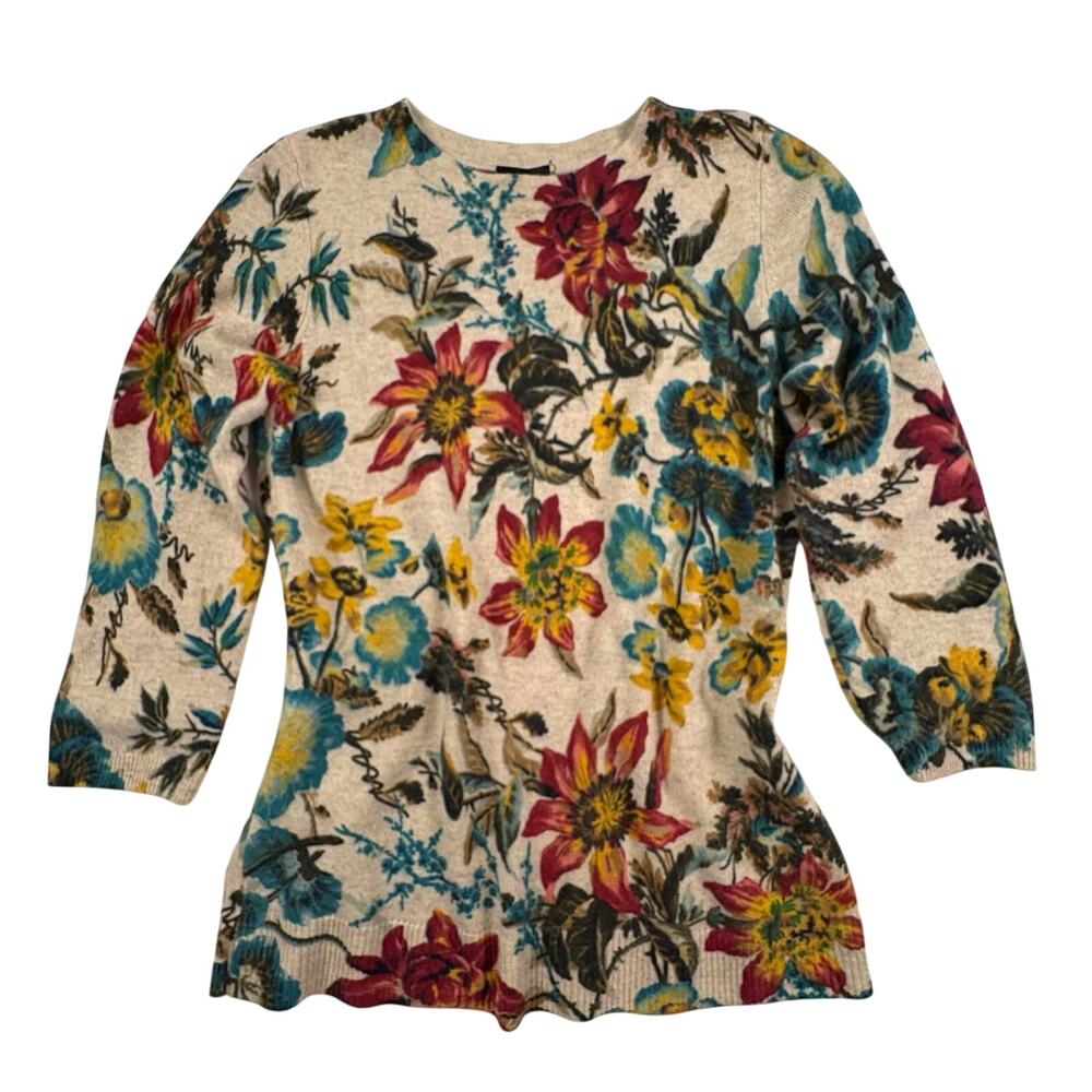 Talbots 100% Cashmere Floral Print Sweater Women's MP Tan Classic Luxury